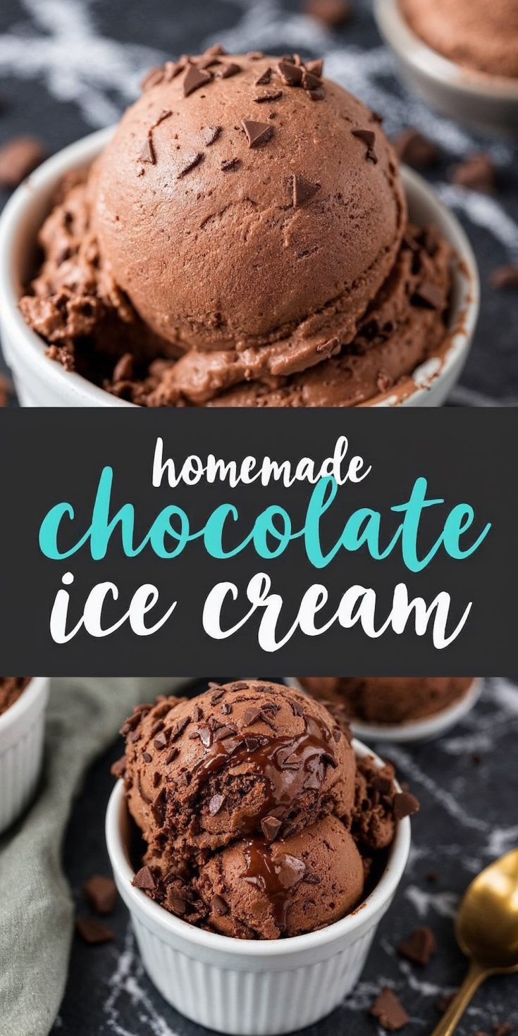 A collage showcasing homemade chocolate ice cream in ramekins. The top image highlights a smooth scoop sprinkled with chocolate shavings, while the bottom image features multiple scoops with a drizzle of chocolate sauce and additional chocolate pieces for garnish.