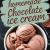 A bowl of homemade chocolate ice cream with smooth, creamy scoops highlighted by swirls of rich chocolate. The bowl sits on a black marble background, capturing the indulgent texture of the dessert.