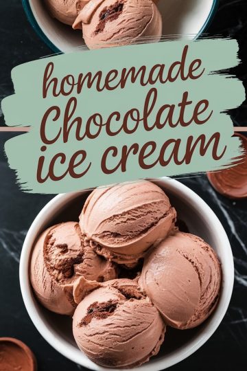 A bowl of homemade chocolate ice cream with smooth, creamy scoops highlighted by swirls of rich chocolate. The bowl sits on a black marble background, capturing the indulgent texture of the dessert.