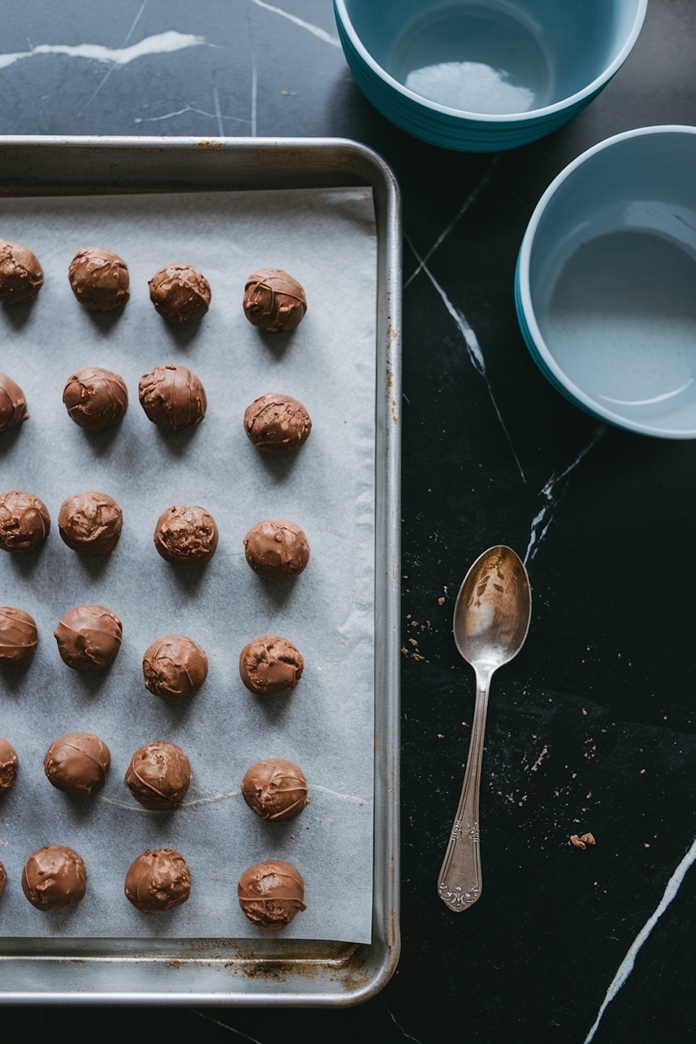 A baking sheet lined with parchment paper featuring evenly spaced scoops of chocolate cookie dough, ready for baking. A spoon and two blue bowls are placed alongside on the dark marble countertop.