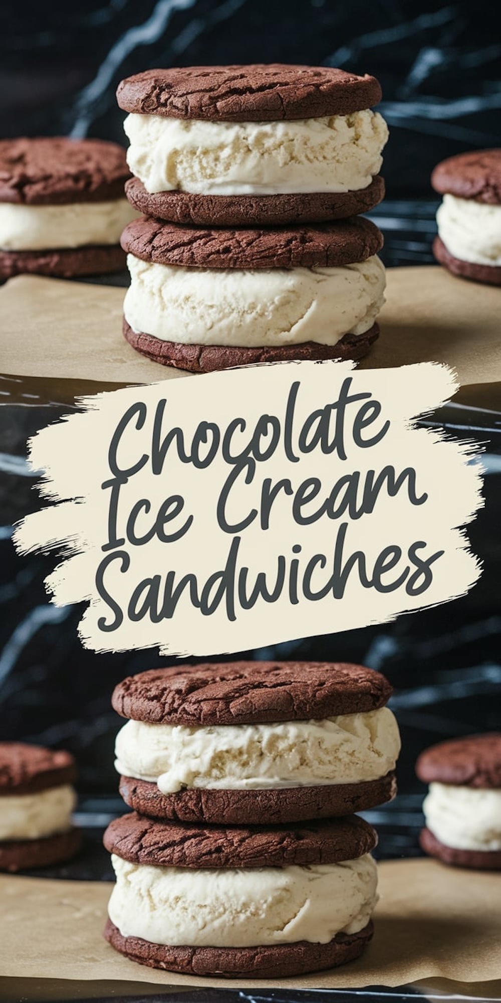 Another collage of chocolate ice cream sandwiches. The top view highlights a stack of two sandwiches with visible vanilla ice cream layers, set against a dark background. The bottom view repeats the same arrangement, emphasizing texture and creamy filling. A text overlay reads “Chocolate Ice Cream Sandwiches.”
