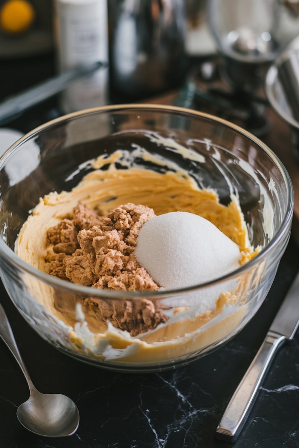 A close-up of a glass mixing bowl containing a partially mixed batter for chocolate cookies. Ingredients like softened butter, brown sugar, and granulated sugar are visible with a spoon nearby.