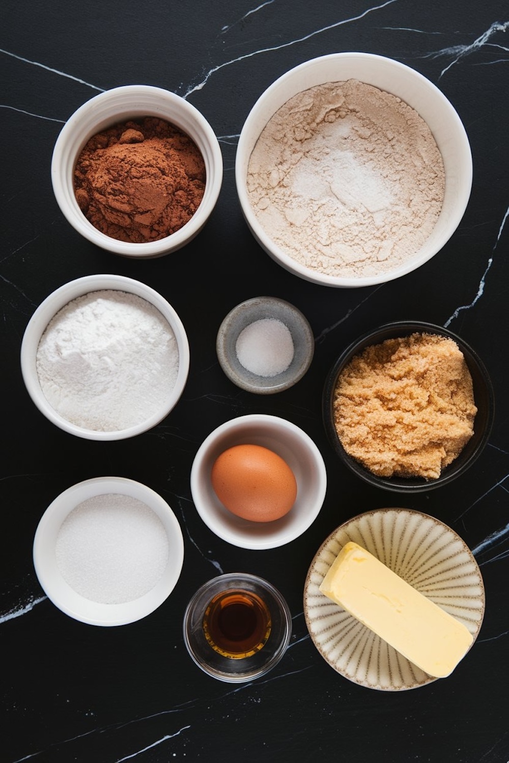 A flat-lay of baking ingredients in small bowls on a dark marble surface. Includes cocoa powder, flour, sugar, brown sugar, salt, an egg, butter, and vanilla extract, prepared for making chocolate cookies.