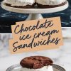 chocolate cookie sandwiches with vanilla ice cream filling on contrasting dark and light marble surfaces, paired with the same “Chocolate Ice Cream Sandwiches” text overlay.
