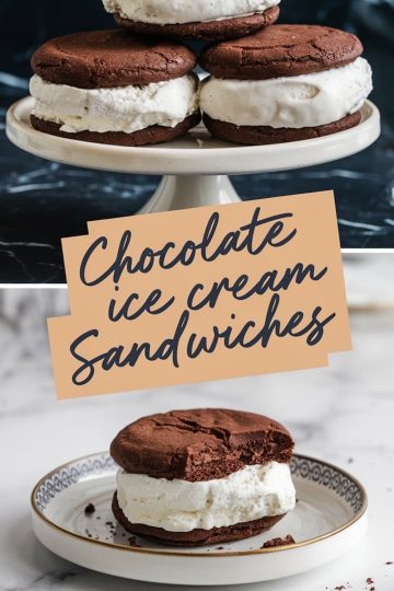 chocolate cookie sandwiches with vanilla ice cream filling on contrasting dark and light marble surfaces, paired with the same “Chocolate Ice Cream Sandwiches” text overlay.