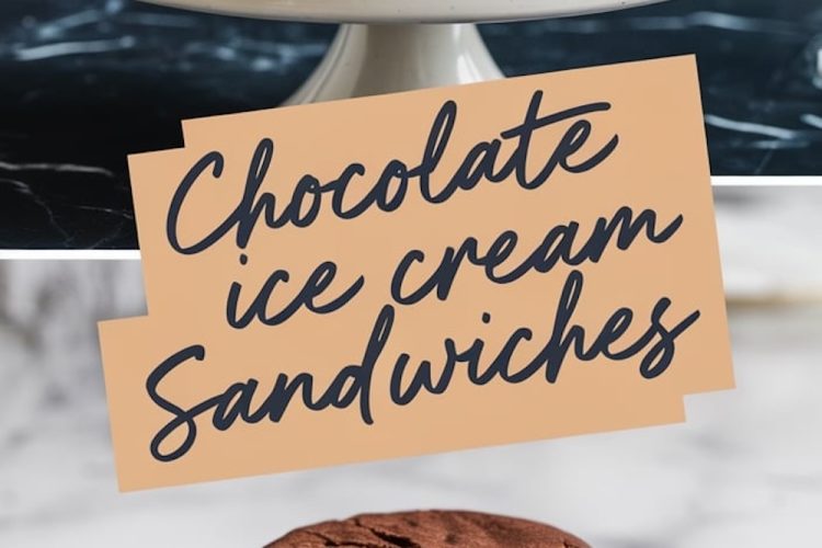 chocolate cookie sandwiches with vanilla ice cream filling on contrasting dark and light marble surfaces, paired with the same “Chocolate Ice Cream Sandwiches” text overlay.
