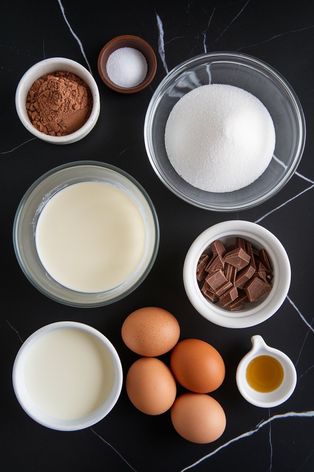 A flat-lay view of ingredients for homemade chocolate ice cream, including cocoa powder, sugar, cream, milk, chopped chocolate, eggs, and vanilla extract, all arranged on a black marble background.