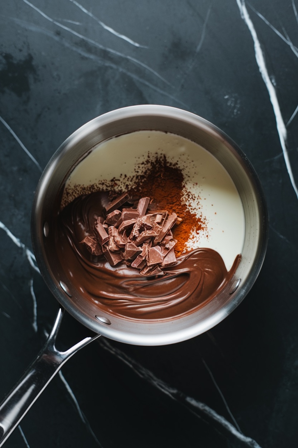 A saucepan containing melted chocolate, cream, cocoa powder, and chopped chocolate chunks, blending together into a rich chocolate base, placed on a black marble countertop.