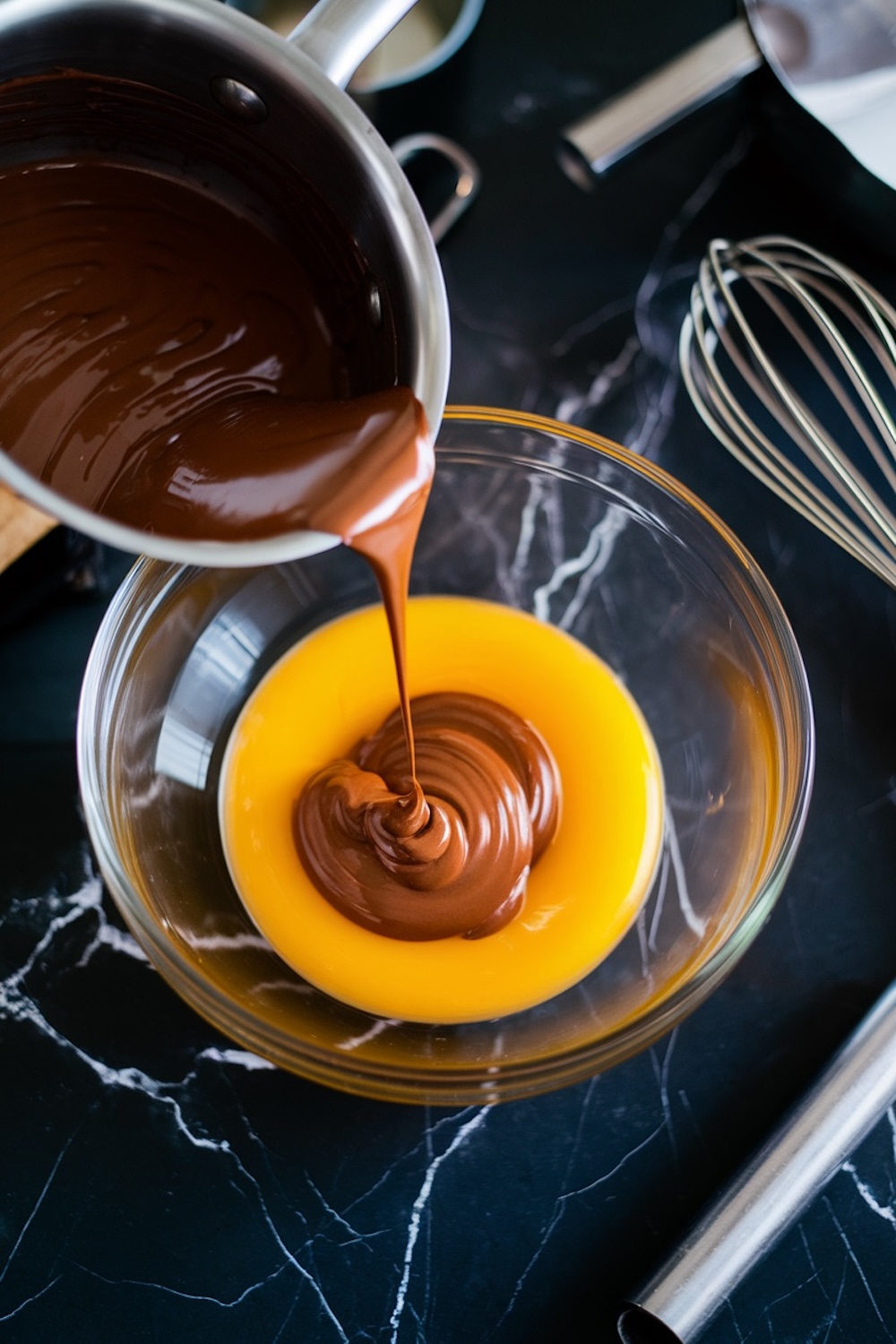 A glass bowl filled with whisked egg yolks, with hot melted chocolate being poured in, creating a creamy ice cream mixture. The setup includes a whisk and a saucepan on a dark marble surface.