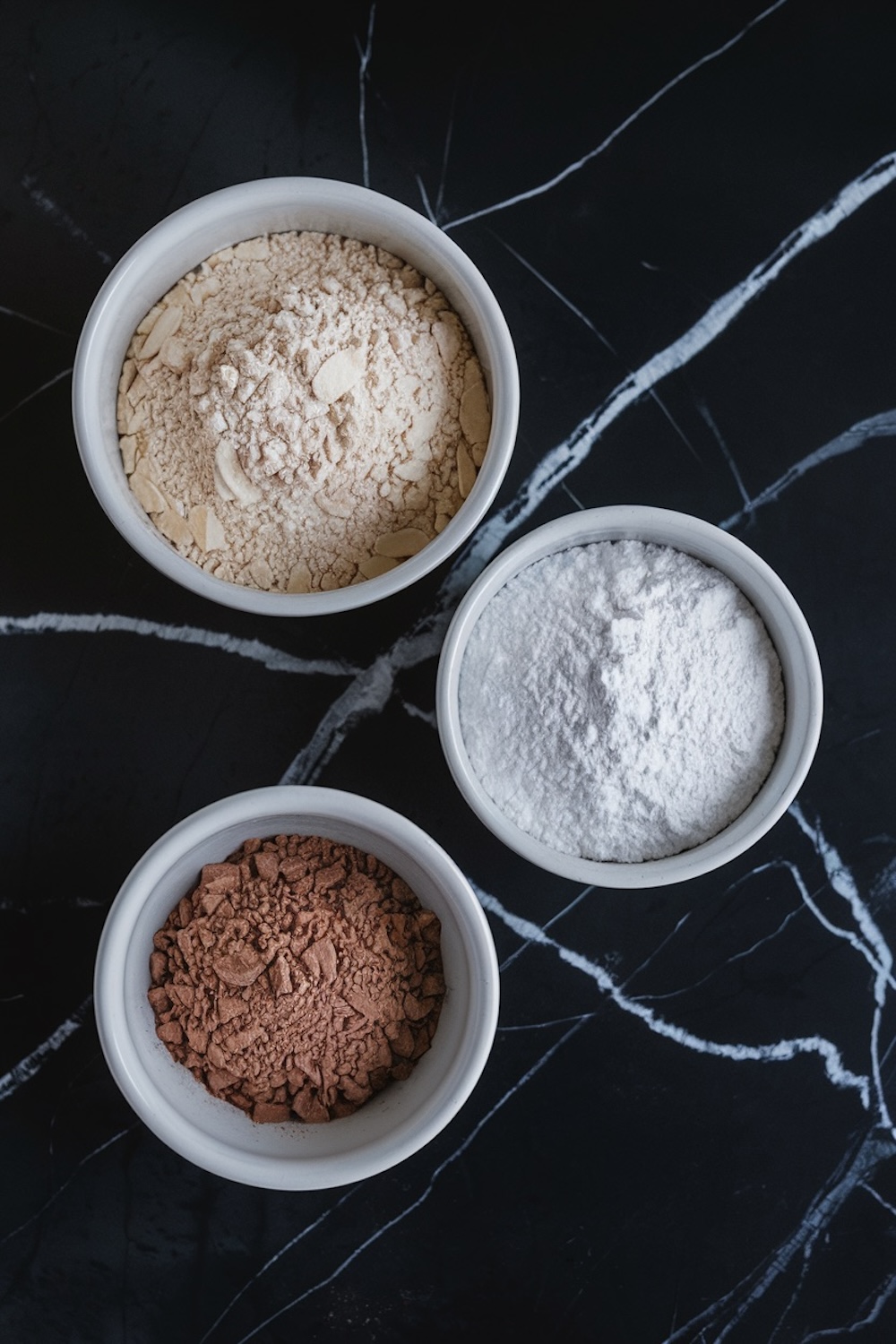 Three small bowls containing almond flour, powdered sugar, and cocoa powder, neatly arranged on a black marble countertop, showcasing the key dry ingredients for macarons.