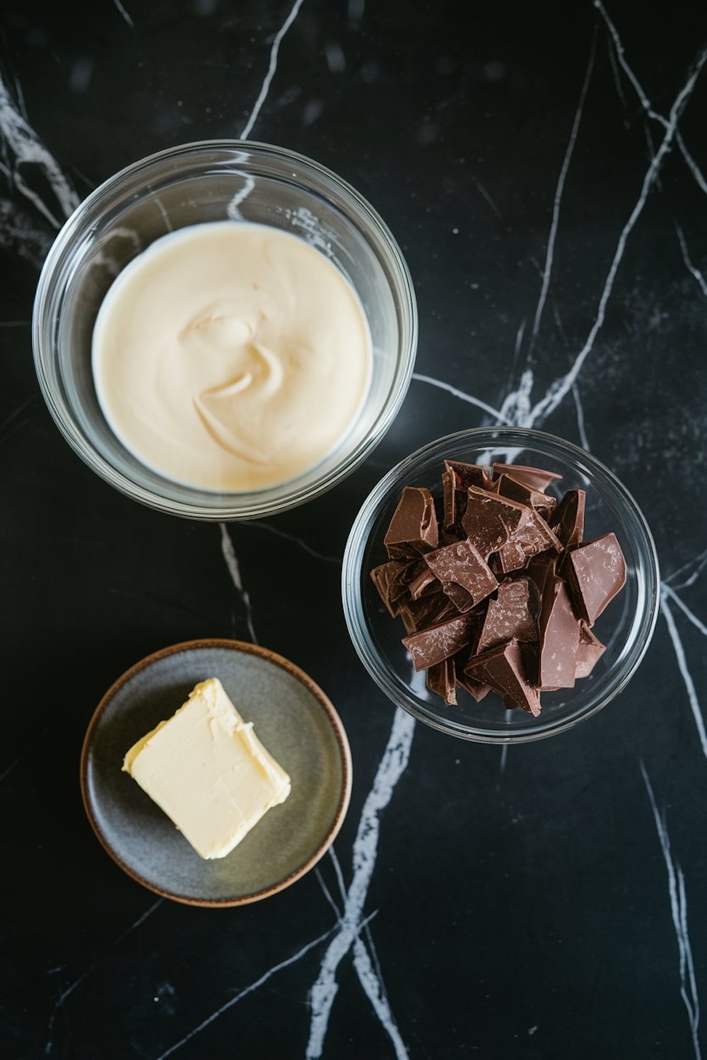 Three glass bowls displaying chocolate pieces, cream, and butter, prepared as ingredients for ganache, placed on a dark marble surface.