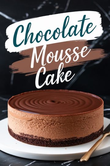 A rich chocolate mousse cake with a smooth, layered design, featuring a swirled top and dark chocolate crust, displayed on a white plate with a gold spoon. Text overlay reads, “Chocolate Mousse Cake.”