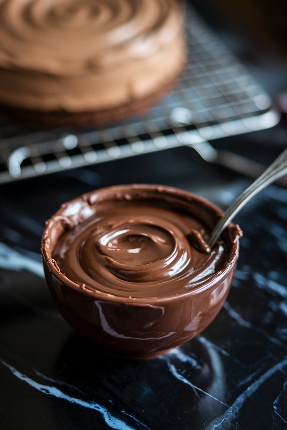 A small bowl of smooth melted chocolate with a glossy finish, accompanied by a background glimpse of a mousse cake on a cooling rack.