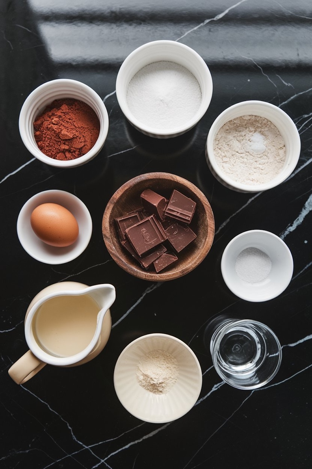 Overhead view of ingredients for a chocolate mousse cake: cocoa powder, sugar, flour, an egg, chocolate pieces, cream, and vanilla extract, arranged on a black marble surface.