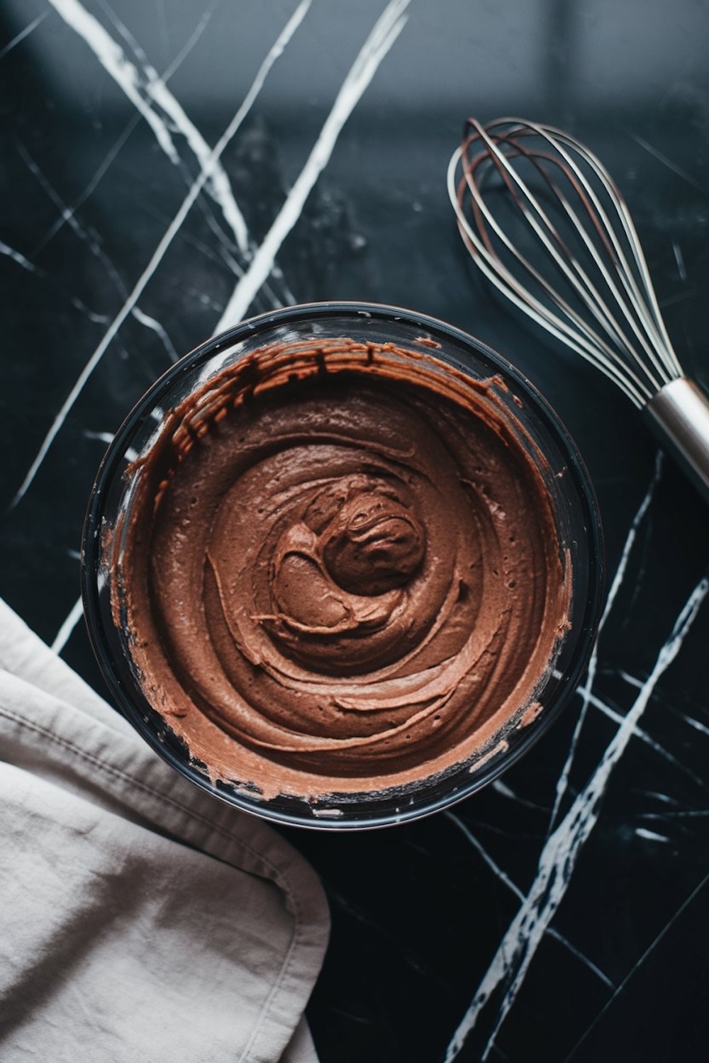 A bowl of whipped chocolate mousse batter with a creamy texture, placed on a black marble countertop alongside a whisk.