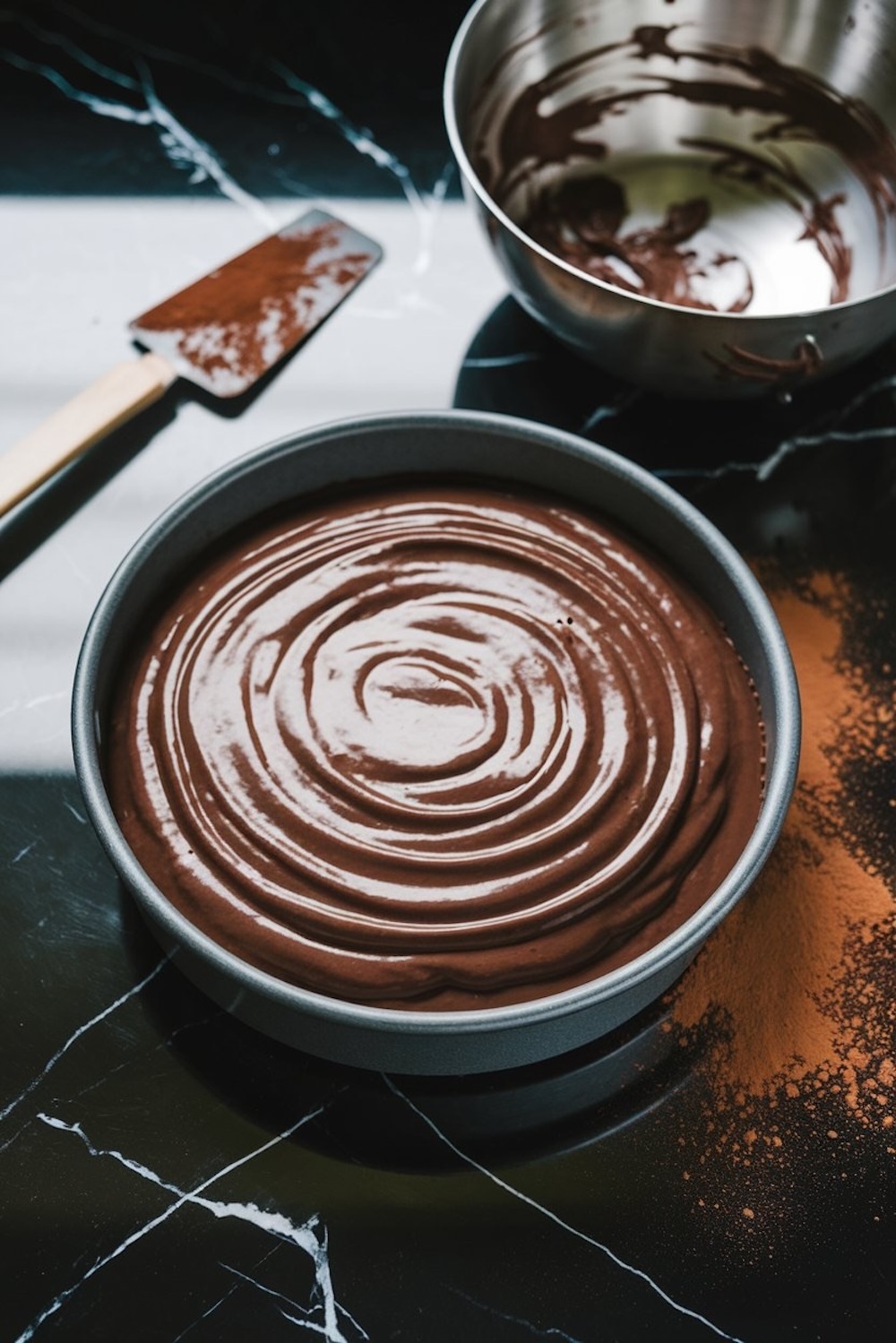 A metal cake pan filled with smooth, chocolate cake batter, with cocoa powder dusted on the black marble surface around it. A spatula and mixing bowl are visible in the background.