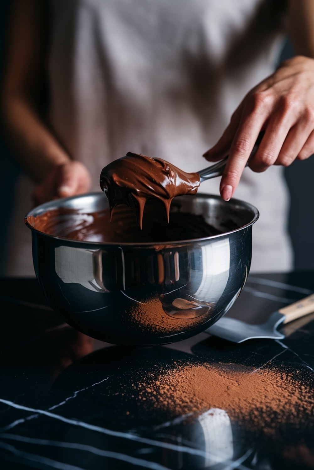 Close-up of Chloe with a spatula dripping with creamy chocolate batter held above a mixing bowl. Cocoa powder is lightly sprinkled on the counter below.