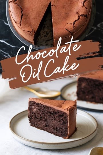 A slice of rich chocolate oil cake with a tender, crackled top served on a ceramic plate. The background features the whole cake with one slice removed. Text overlay reads “Chocolate Oil Cake.”