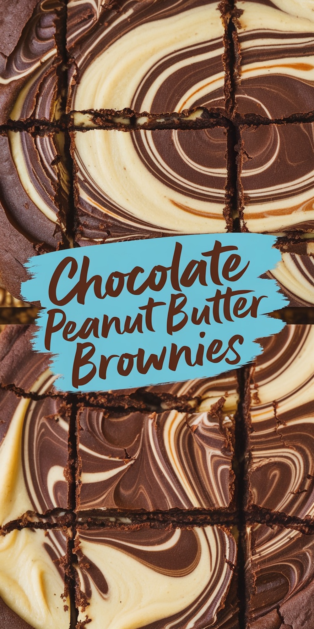 Overhead view of a whole tray of chocolate peanut butter brownies, cut into squares, highlighting the intricate marbled swirl of chocolate and peanut butter.