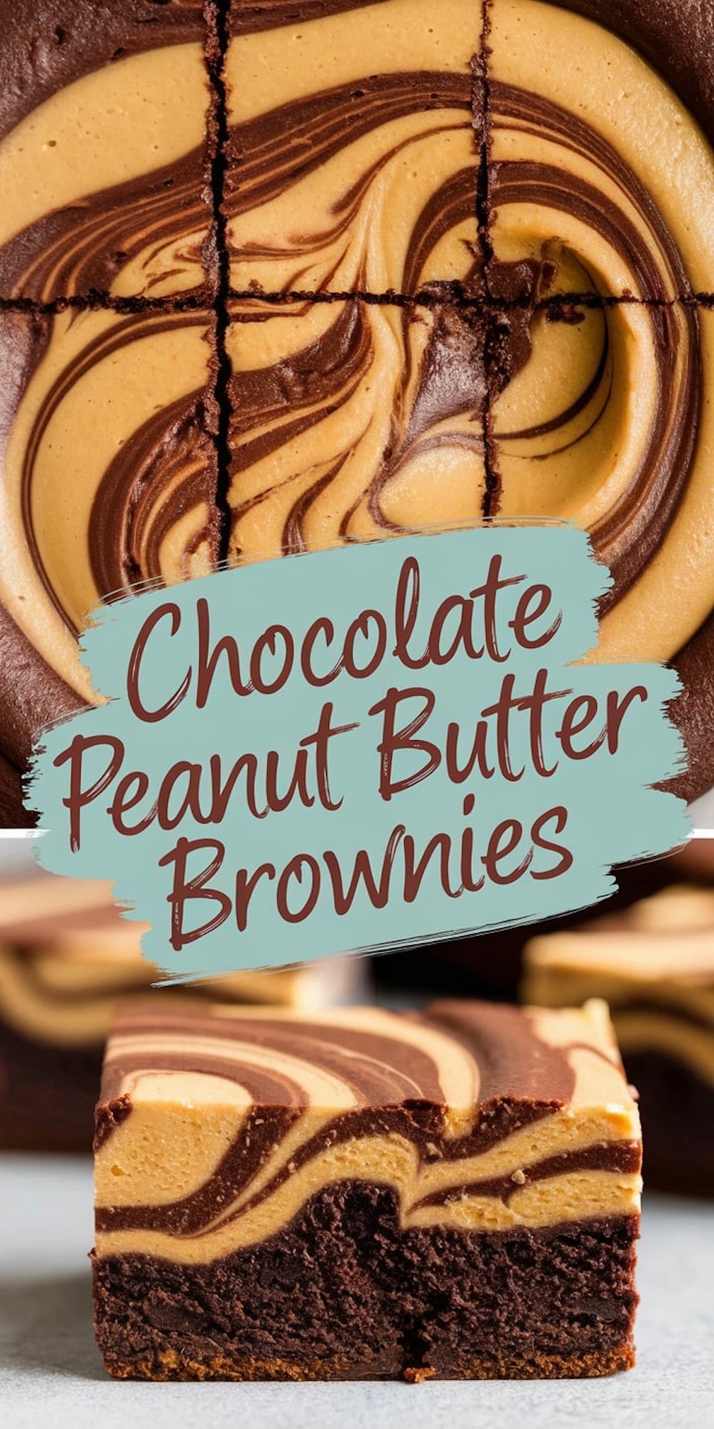 Overhead view of a whole tray of chocolate peanut butter brownies, cut into squares, highlighting the intricate marbled swirl of chocolate and peanut butter.