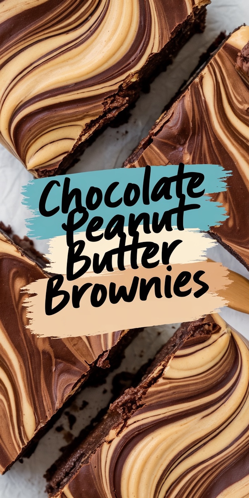 Close-up of chocolate peanut butter brownies with a marbled swirl pattern on top, showcasing the smooth blend of chocolate and peanut butter layers.