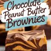 Close-up of a single brownie piece, showing the distinct layers of rich chocolate and smooth peanut butter with a marbled finish.