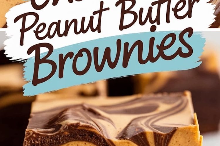 Close-up of a single brownie piece, showing the distinct layers of rich chocolate and smooth peanut butter with a marbled finish.