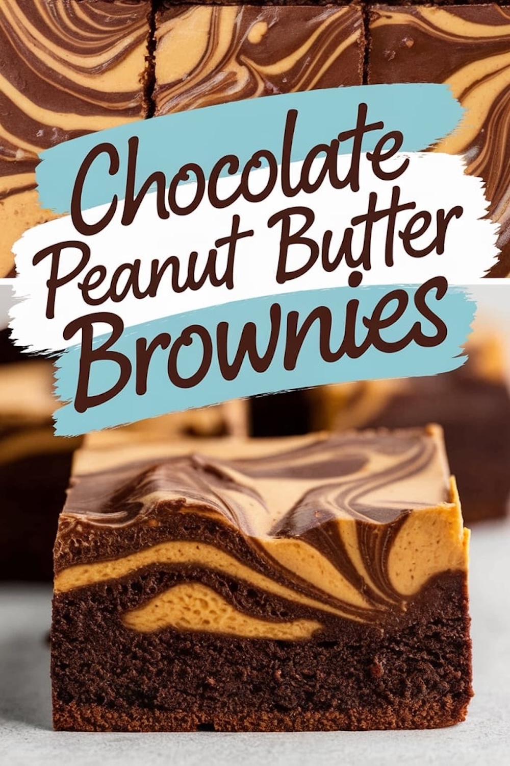Close-up of a single brownie piece, showing the distinct layers of rich chocolate and smooth peanut butter with a marbled finish.