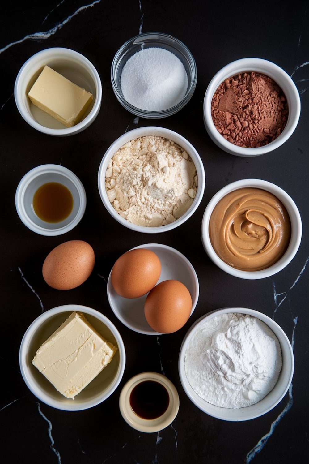 Flat lay of baking ingredients for chocolate peanut butter brownies, including cocoa powder, flour, peanut butter, butter, sugar, eggs, and vanilla extract, neatly arranged on a dark surface.