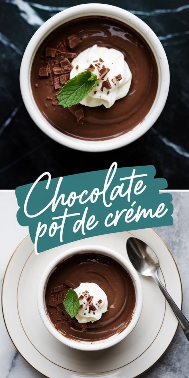 A collage showing a ramekin of chocolate pot de crème, garnished with whipped cream, chocolate shavings, and a mint leaf. The top view highlights the smooth chocolate texture, while the bottom view shows the elegant presentation on a white plate with a gold-trimmed rim and a spoon on the side.