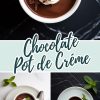 A collage of three views of chocolate pot de crème, featuring garnishes of whipped cream, chocolate shavings, and mint leaves. The top image emphasizes the rich, creamy texture, while the two bottom images show the dessert beautifully plated on light ceramic dishes with fresh mint sprigs and spoons, set against contrasting marble backgrounds.