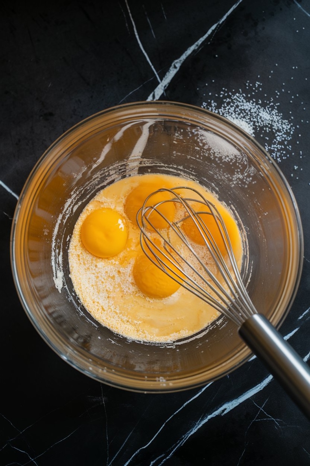 A glass mixing bowl filled with egg yolks, sugar, and cream, whisked together to create a silky custard base for chocolate pot de crème. The dark marble background contrasts beautifully with the vibrant yellow yolks.