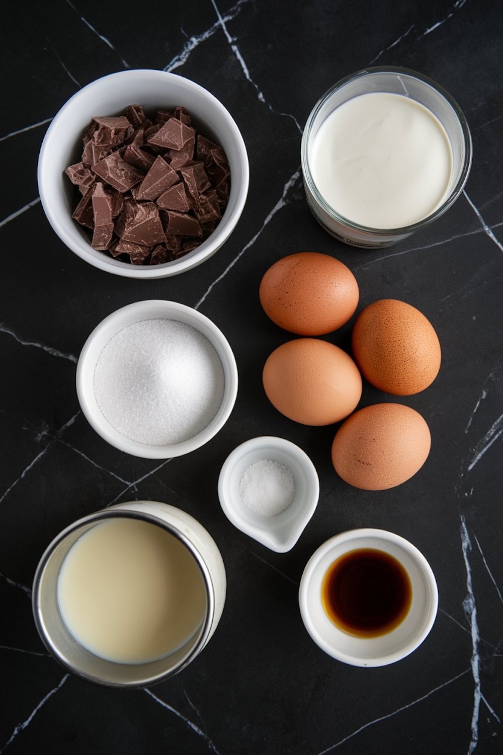 A flat lay of ingredients for chocolate pot de crème on a black marble surface, featuring bowls of chopped chocolate, sugar, heavy cream, condensed milk, vanilla extract, salt, and fresh eggs, arranged neatly for a luxurious dessert preparation.