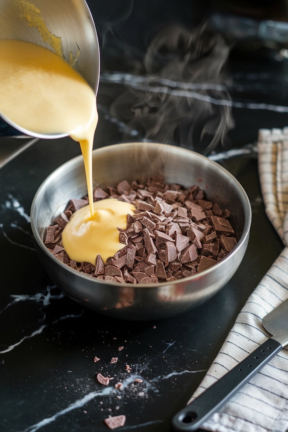 Steaming hot custard being poured over a bowl of finely chopped chocolate in a stainless steel mixing bowl, capturing the melting process of creating a smooth chocolate mixture for pot de crème. The black marble countertop and striped kitchen towel add elegance to the preparation scene.