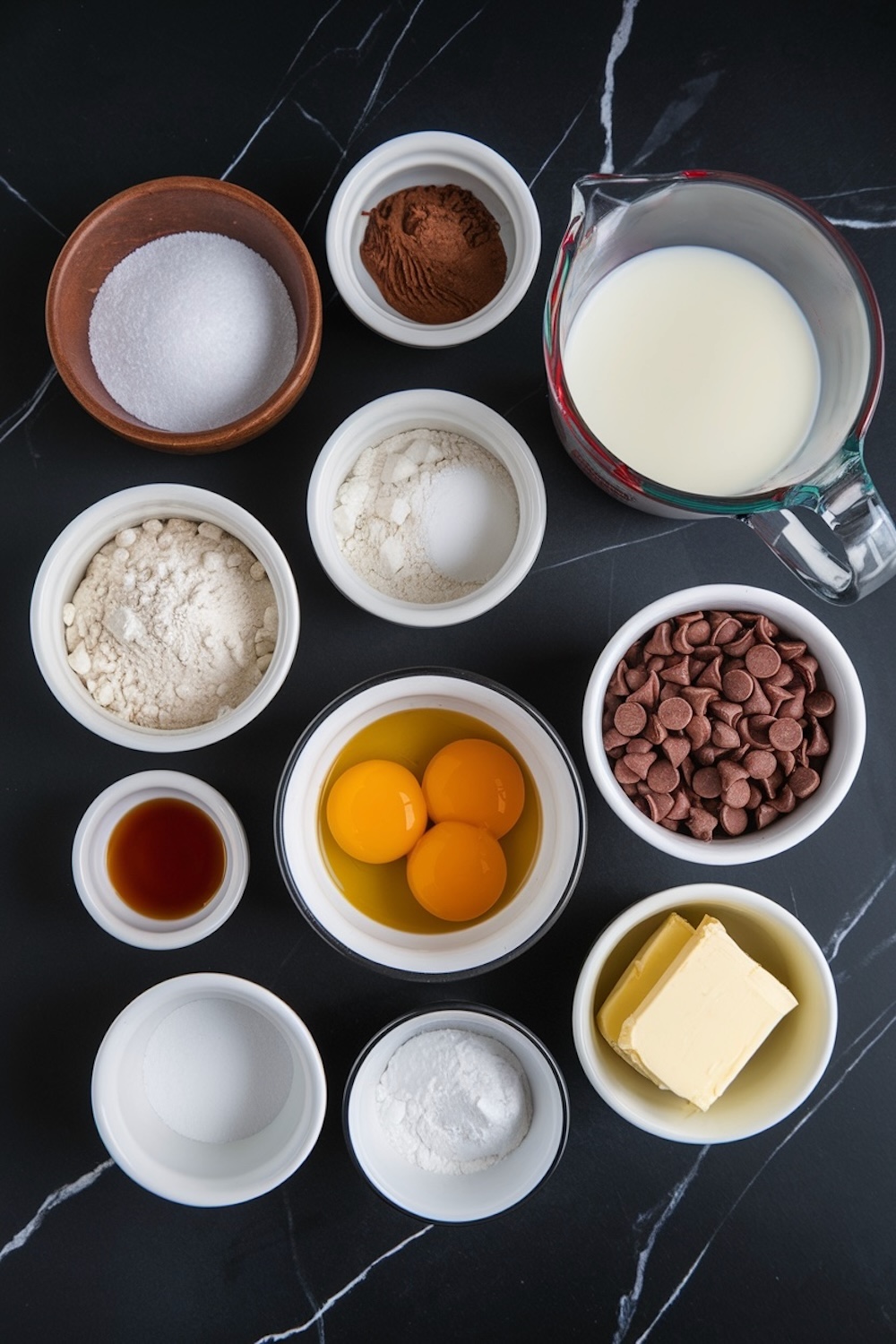 Flat lay of baking ingredients, including flour, sugar, cocoa powder, chocolate chips, eggs, milk, butter, and vanilla extract, arranged in bowls on a dark marble surface.