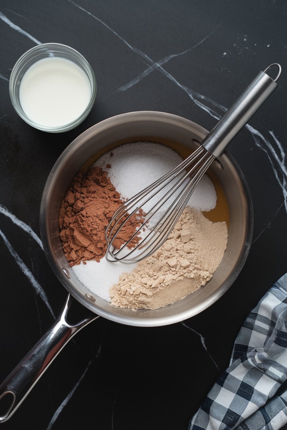 	Mixing bowl containing cocoa powder, sugar, and flour, ready to be whisked, with a glass of milk and a checkered kitchen towel placed nearby, highlighting the preparation process.