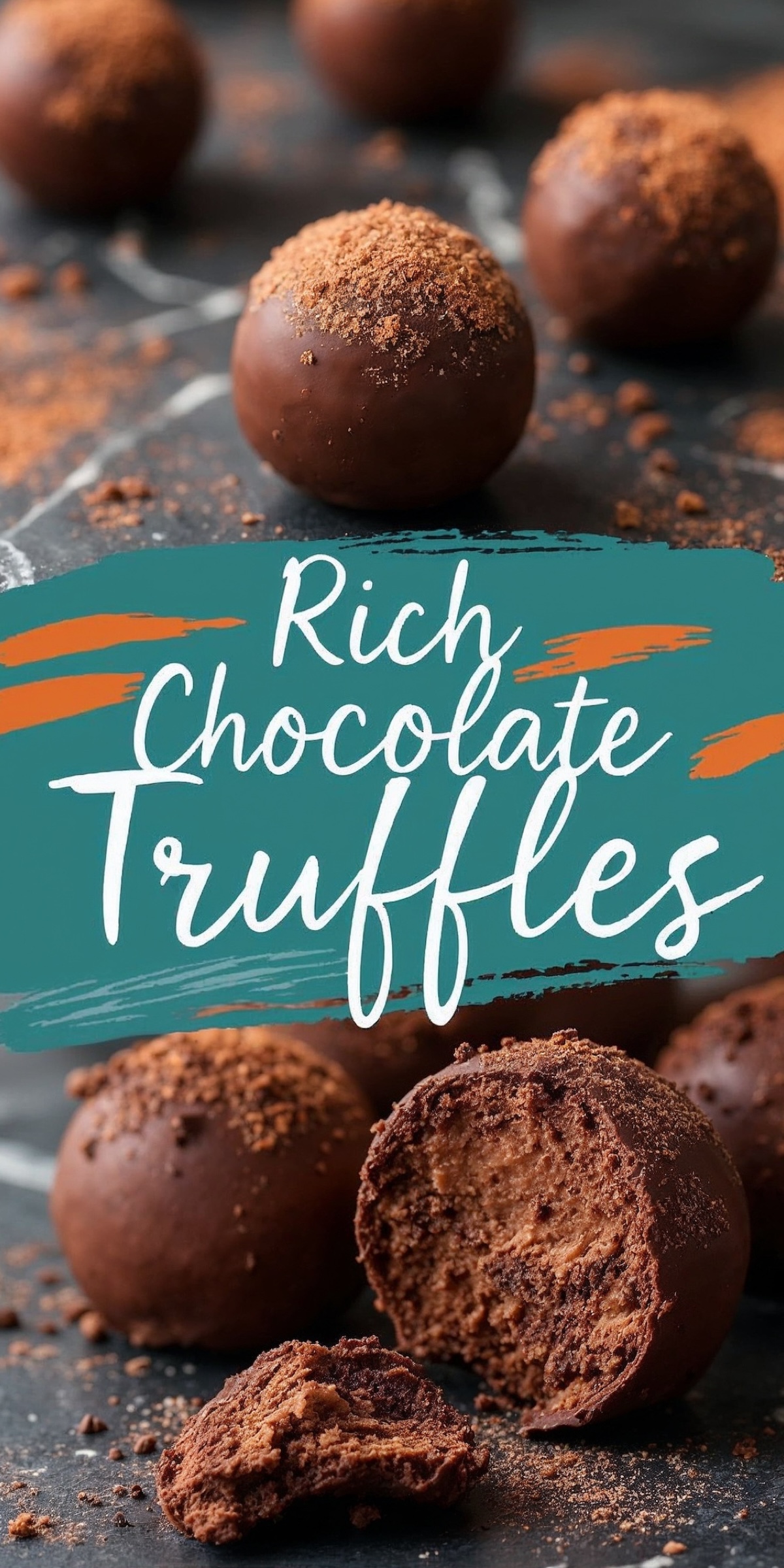 A close-up collage of chocolate truffles, with one broken open to reveal a creamy interior, paired with text overlay that reads “Rich Chocolate Truffles.”