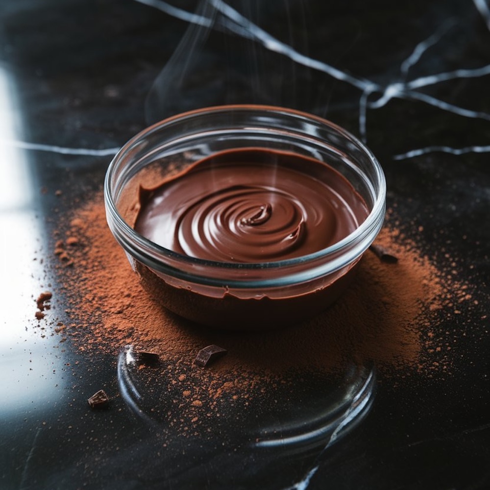 A collection of ingredients for chocolate truffles, including chopped chocolate, sugar, butter, cocoa powder, eggs, heavy cream, and whipped cream, neatly arranged in bowls on a glossy black surface.
