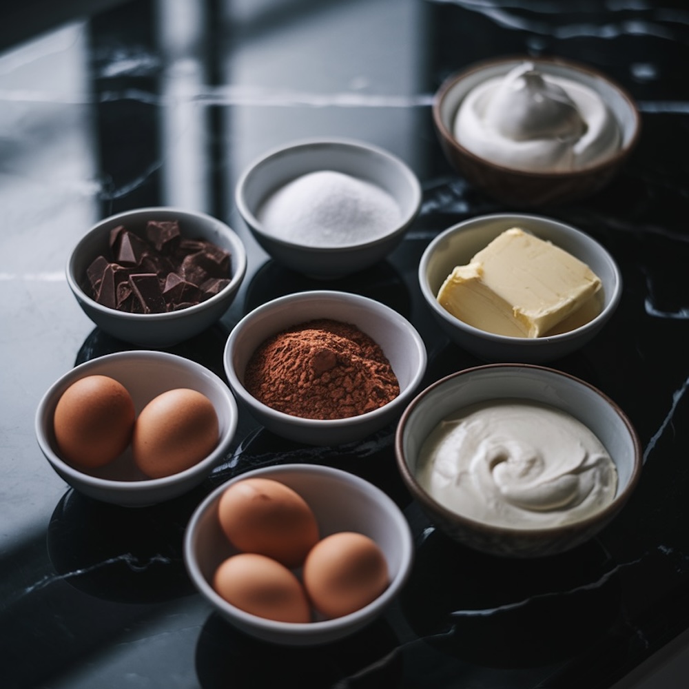 A collection of ingredients for chocolate truffles, including chopped chocolate, sugar, butter, cocoa powder, eggs, heavy cream, and whipped cream, neatly arranged in bowls on a glossy black surface.