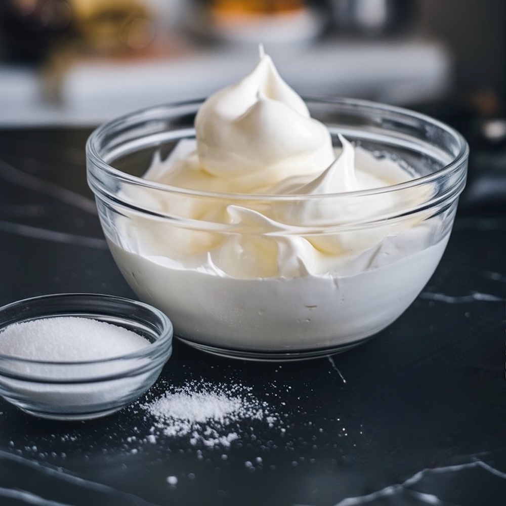 A glass bowl filled with fluffy whipped cream on a dark countertop, accompanied by a smaller bowl of granulated sugar with some scattered on the surface.