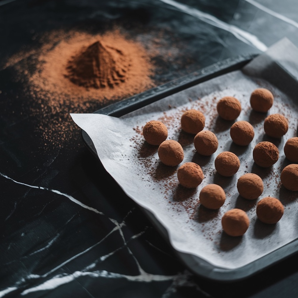 A baking tray lined with parchment paper displaying neatly arranged chocolate truffles dusted with cocoa powder, with a small pile of cocoa powder in the background.