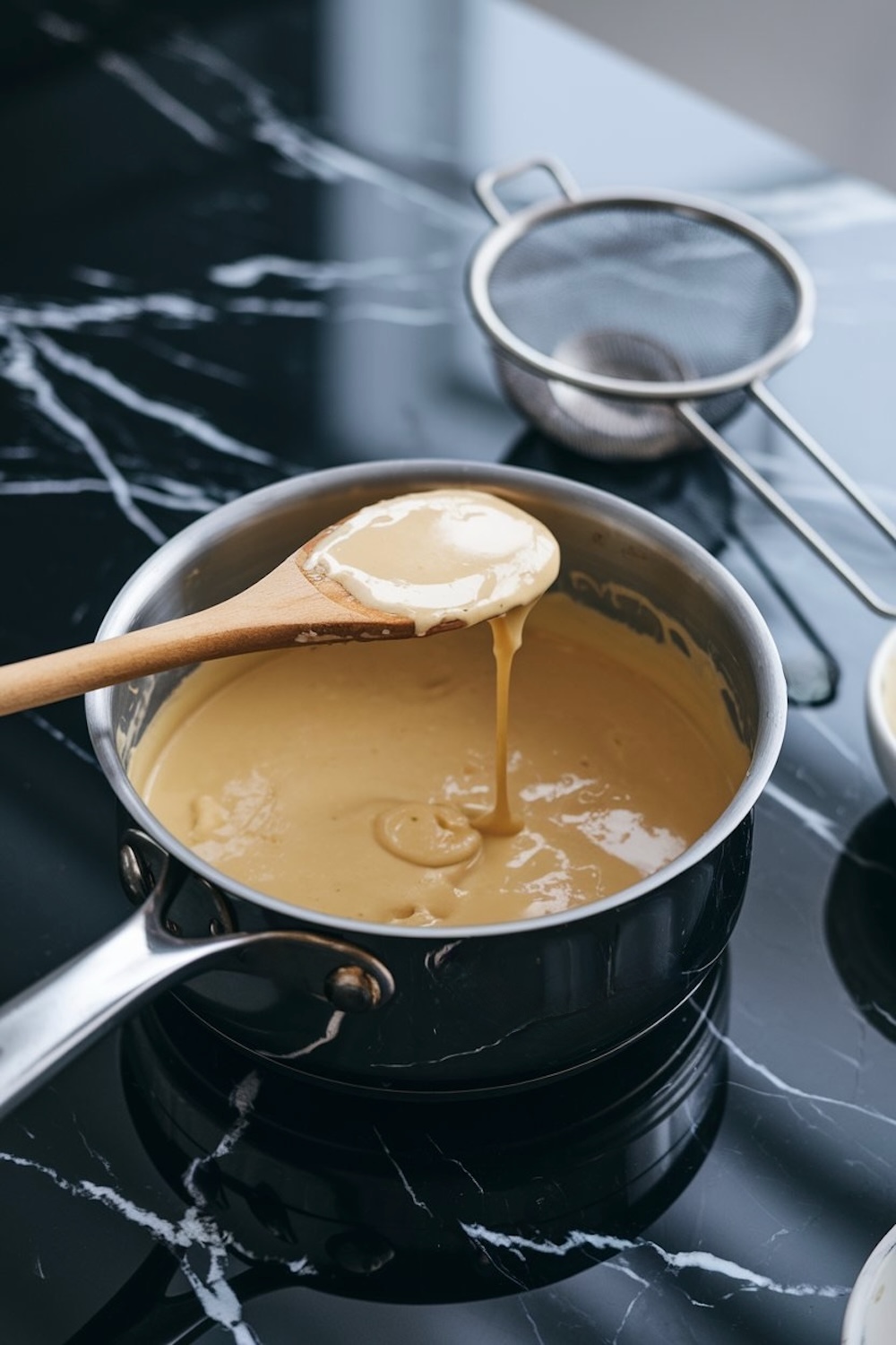A saucepan with a creamy custard mixture, the base for ice cream, being stirred with a wooden spoon. The mixture drips from the spoon, and a fine mesh sieve is visible in the background on a polished black marble surface.