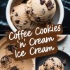 A collage showcasing coffee cookies and cream ice cream, featuring three perspectives: scoops in a white bowl, a close-up of creamy texture with chocolate chunks, and scoops styled on a black plate. The background includes a dark, marble-like surface.