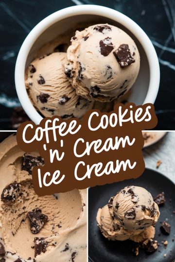 A collage showcasing coffee cookies and cream ice cream, featuring three perspectives: scoops in a white bowl, a close-up of creamy texture with chocolate chunks, and scoops styled on a black plate. The background includes a dark, marble-like surface.