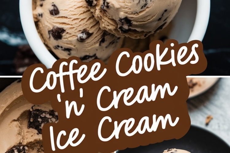 A collage showcasing coffee cookies and cream ice cream, featuring three perspectives: scoops in a white bowl, a close-up of creamy texture with chocolate chunks, and scoops styled on a black plate. The background includes a dark, marble-like surface.