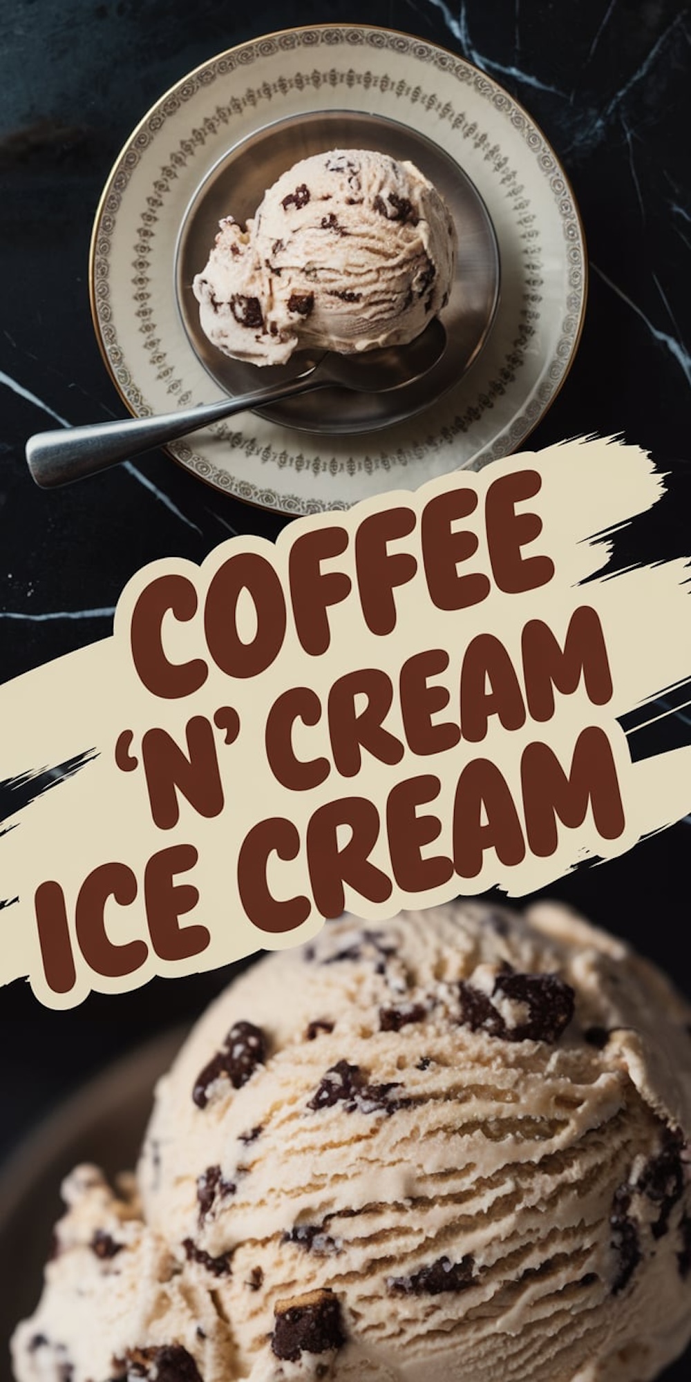 A vintage-style plate with a single scoop of coffee cookies and cream ice cream. The ice cream is creamy and speckled with chocolate chunks, with text overlay for Pinterest optimization against a dark marble background.