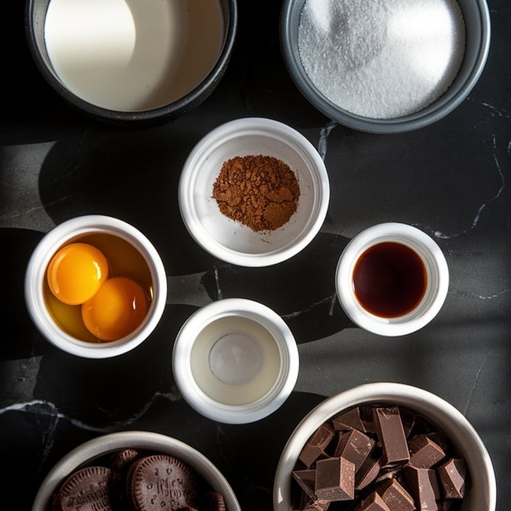 Ingredients for coffee cookies and cream ice cream laid out in white bowls on a black marble surface, including egg yolks, cocoa powder, heavy cream, sugar, vanilla extract, chocolate chunks, and sandwich cookies.