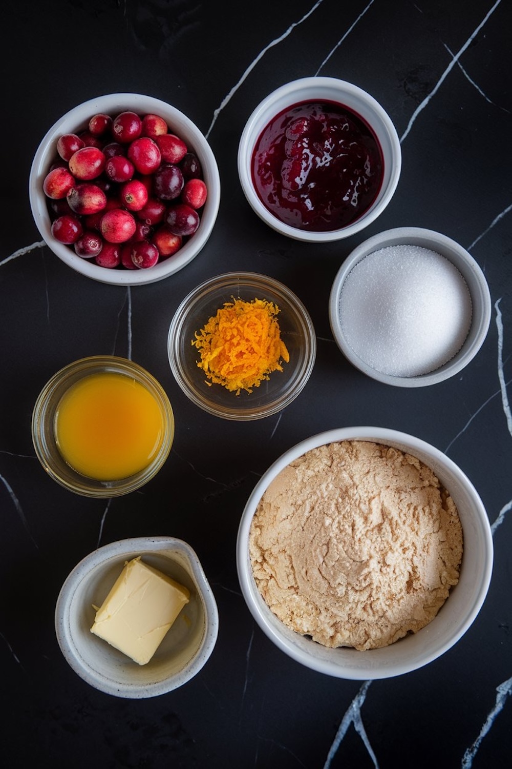 Ingredients for cranberry orange dump cake neatly arranged in small bowls on a black marble surface. Visible items include fresh cranberries, cranberry sauce, orange zest, sugar, orange juice, cake mix, and butter.