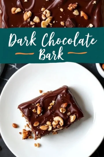 A close-up of dark chocolate bark topped with chopped nuts, placed on a white plate. The glossy chocolate surface contrasts with the crunchy nut topping. A text overlay reads “Dark Chocolate Bark.”
