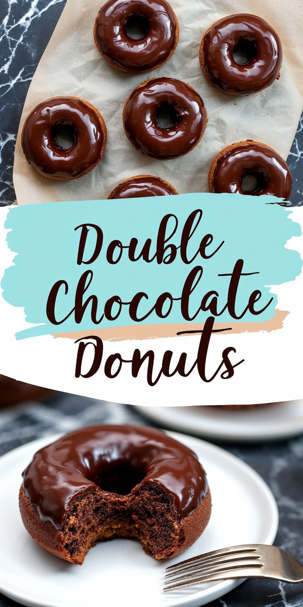 A vertical collage of chocolate-glazed donuts featuring “Double Chocolate Donuts” text in teal over a brushstroke background, with a close-up of a bitten donut on a white plate with a fork beside it.